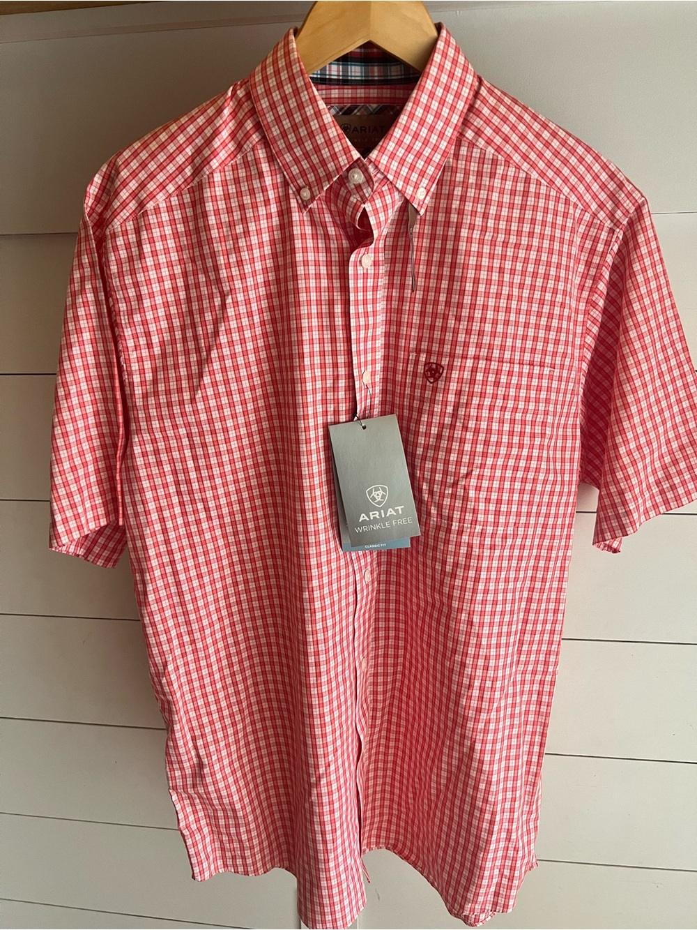 Ariat Men’s New NWT Orange Red Gingham Short Sleeve Button-Down Shirt Size M